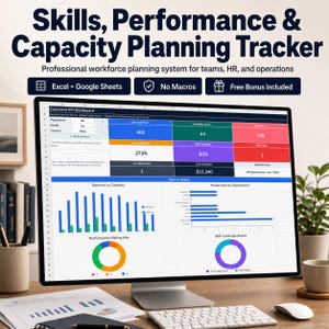 May include: A computer monitor displays a "Skills, Performance & Capacity Planning Tracker" dashboard. The screen shows charts and data visualizations, including bar graphs and circular diagrams. Text on the screen includes "Excel + Google Sheets" and "No Macros."
