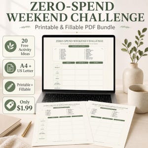 Puede incluir: Un ordenador portátil muestra un paquete PDF imprimible "ZERO-SPEND WEEKEND CHALLENGE". El diseño incluye una lista de ideas de actividades gratuitas y un planificador rellenable para viernes, sábado y domingo. Hojas adicionales y un bolígrafo están sobre la mesa.