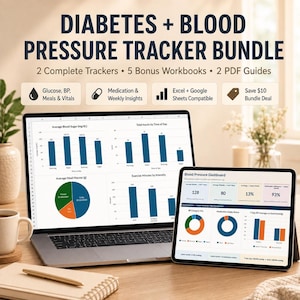 Può includere: Un pacchetto digitale per il monitoraggio del diabete e della pressione sanguigna visualizzato su uno schermo di laptop e tablet. Gli schermi mostrano vari grafici, diagrammi e dashboard per tracciare glucosio, pressione, pasti e parametri.