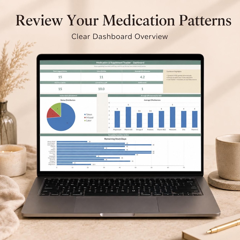 Puede incluir: Una pantalla de ordenador port&aacute;til que muestra un panel de control de seguimiento de medicamentos y suplementos con tablas de datos, un gr&aacute;fico circular de distribuci&oacute;n de estado, un gr&aacute;fico de barras y un gr&aacute;fico horizontal.