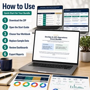 Pode incluir: Um pacote Excel de DevOps e opera&ccedil;&otilde;es de API exibido na tela de um laptop e em documentos impressos. O guia descreve seis etapas de uso: baixar, abrir, escolher, substituir dados, revisar pain&eacute;is e exportar relat&oacute;rios.