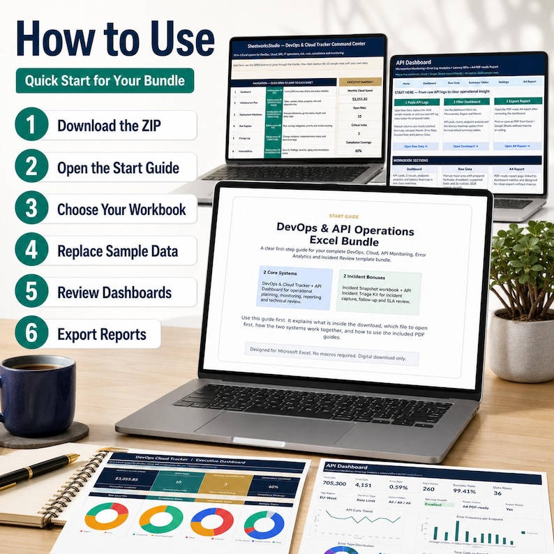 Pode incluir: Um pacote Excel de DevOps e opera&ccedil;&otilde;es de API exibido na tela de um laptop e em documentos impressos. O guia descreve seis etapas de uso: baixar, abrir, escolher, substituir dados, revisar pain&eacute;is e exportar relat&oacute;rios.