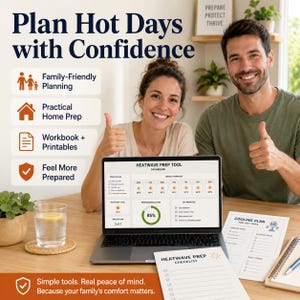 May include: A couple smiles, giving thumbs up, with a laptop displaying a heatwave prep tool dashboard. The image includes printables for a cooling plan and a checklist, with the text "Plan Hot Days with Confidence."