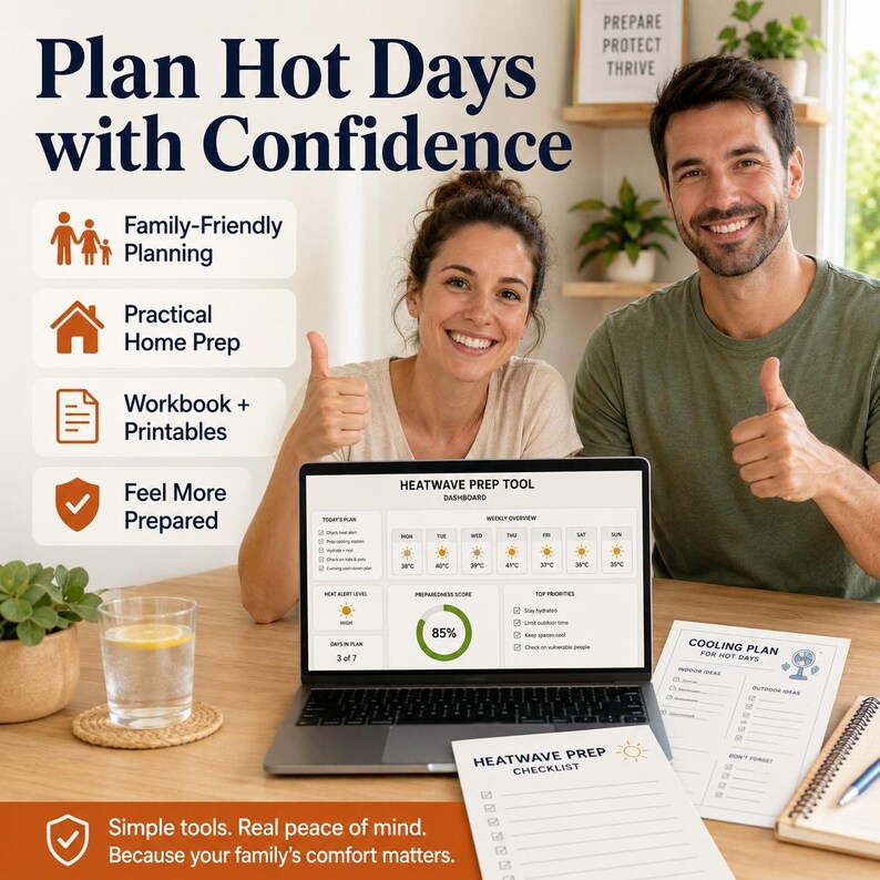 May include: A couple smiles, giving thumbs up, with a laptop displaying a heatwave prep tool dashboard. The image includes printables for a cooling plan and a checklist, with the text "Plan Hot Days with Confidence."