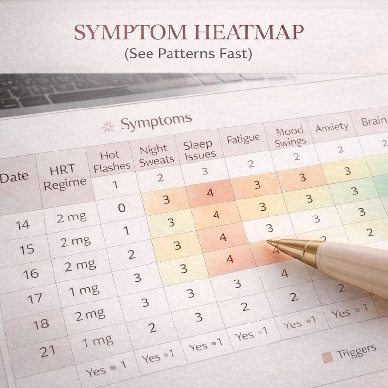 Menopause & Perimenopause Tracker Spreadsheet | HRT Symptom + Trigger Log | 30-Day Charts and Heatmap image 5