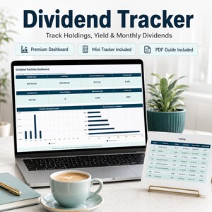 May include: A digital dividend tracker displayed on a laptop screen and a printed holdings table. The screen shows a Dividend Portfolio Dashboard with financial charts, tables, and data. Text includes Dividend Tracker, Premium Dashboard, and Mini Tracker Included.
