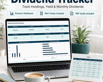Puede incluir: Un rastreador de dividendos digital en la pantalla de una computadora portátil y una tabla de participaciones impresa. La pantalla muestra un panel de cartera con gráficos financieros, tablas y datos. El texto incluye Dividend Tracker, Premium Dashboard y Mini Tracker Included.