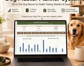 May include: A laptop displaying the Dog Master Planner System, a digital spreadsheet for tracking health, training, nutrition, and expenses. The screen shows bar charts for expenses and routine hours, with text headers for profiles and records.