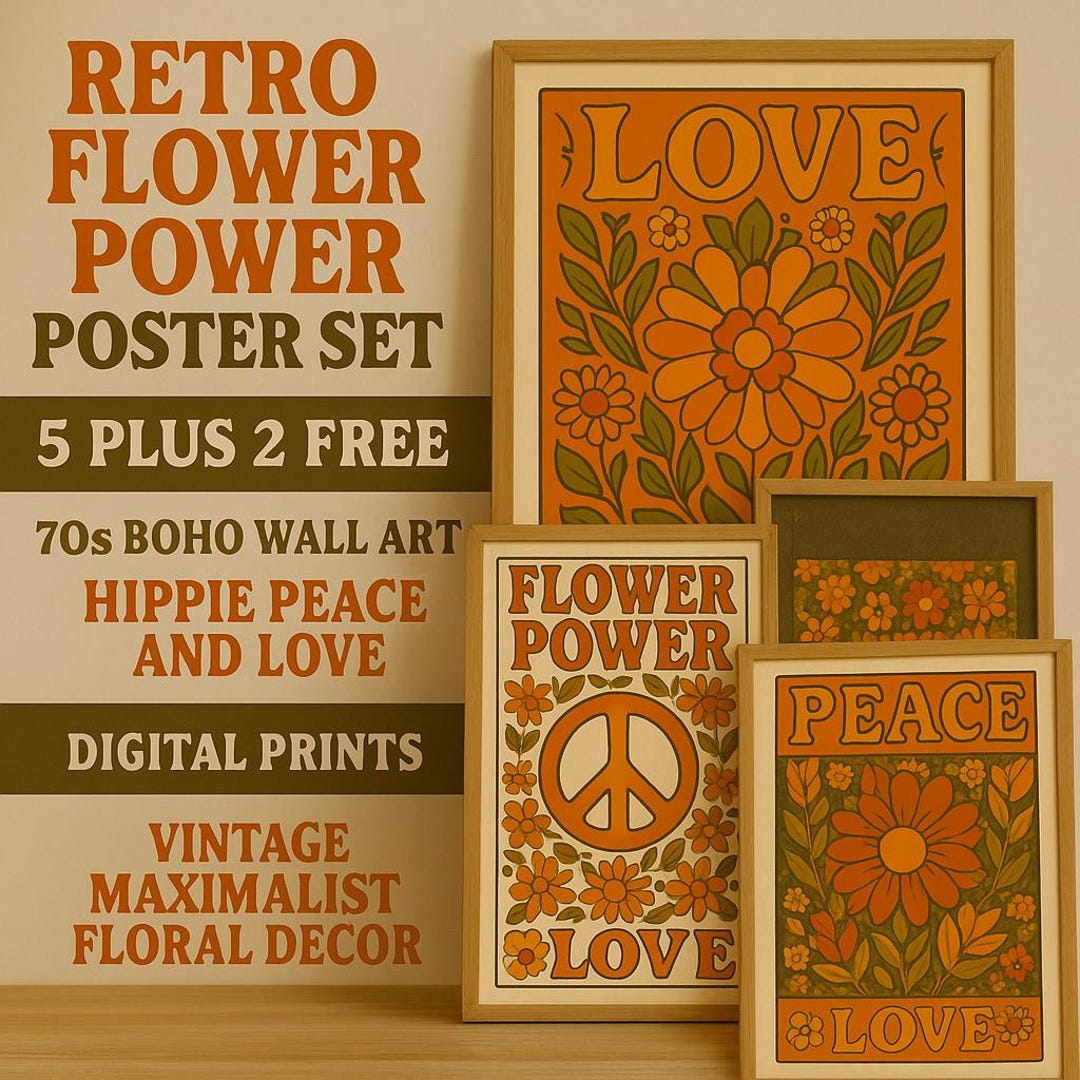 Retro 70s Flower Power Poster Set (5 + 2 FREE) | Boho Hippie Wall Art ...