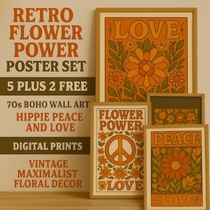 Retro 70s Flower Power Wall Art – 7 Digital Posters (5 + 2 FREE) | Boho Hippie Decor | Peace & Love Printable | Vintage Groovy Design