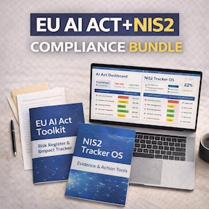 May include: A laptop showing data dashboards sits beside two blue books labelled "EU AI Act Toolkit" and "NIS2 Tracker OS." A pen, papers, and a coffee cup are also present. The text "EU AI ACT + NIS2 COMPLIANCE BUNDLE" is displayed at the top of the image.