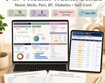 Paquete de seguimiento de salud 6 en 1 para Excel | Seguimiento de síntomas, seguimiento del estado de ánimo, plan de medicación, dolor, presión arterial, diabetes