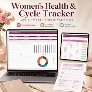 May include: A digital health and cycle tracker displayed on a laptop and tablet screen, featuring charts, graphs, and data tables. The interface includes text for cycle, mood, fitness, and self-care tracking, with printable bonus PDF documents.