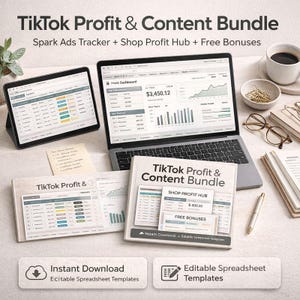 TikTok Pro Toolkit | Spark Ads Tracker & Shop Profit Dashboard | Excel + Google Sheets Template | Digital Download + Free Bonus Planner