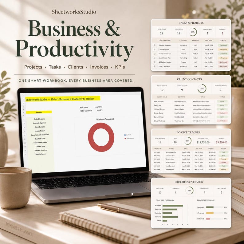 May include: A laptop displays a business and productivity tracker with charts and data. The screen shows a red and white pie chart and a list of projects, clients, and invoices. The text "Business & Productivity" is at the top.