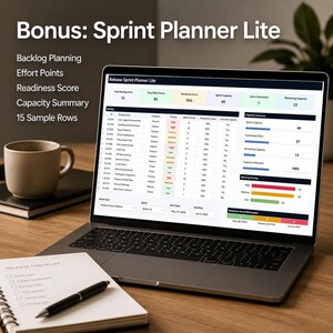 May include: A laptop screen displaying the Release Sprint Planner Lite software interface with columns for backlog items, effort points, and readiness scores. The screen shows capacity summaries and charts. A notebook with a pen and a mug are nearby.