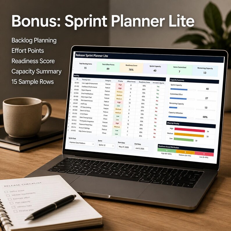 May include: A laptop screen displaying the Release Sprint Planner Lite software interface with columns for backlog items, effort points, and readiness scores. The screen shows capacity summaries and charts. A notebook with a pen and a mug are nearby.