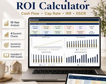 Rental Property ROI Calculator Excel | Real Estate Investment Analyzer, Cash Flow, Cap Rate, IRR, DSCR, Mortgage Schedule & Dashboard