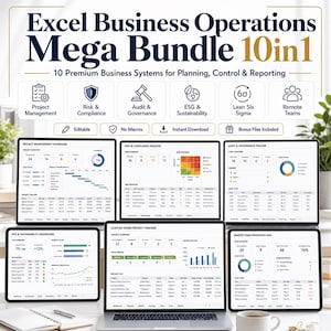 Excel Business Operations Mega Bundle 10in1 | Project Management, Risk, Audit, ESG & Lean Six Sigma Dashboards