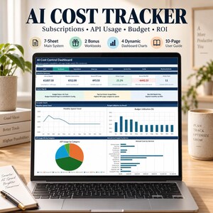 May include: A laptop displaying an AI Cost Tracker dashboard with financial metrics, including monthly spend trends, budget utilization bar charts, an API usage pie chart, and horizontal bar graphs for annual service costs, all presented on a screen.