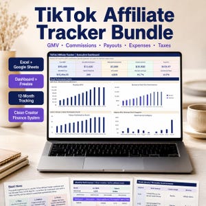 May include: A digital TikTok Affiliate Tracker Bundle displayed on a laptop screen, featuring an executive dashboard with GMV, commissions, payouts, expenses, and tax data. Includes Excel and Google Sheets compatibility, 12-month tracking, and a creator finance system with visual performance charts and hook library formulas.
