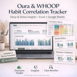 Oura & WHOOP Habit Correlation Tracker | Sleep and Stress Insights Spreadsheet | Dashboard + Correlation Matrix | Excel and Google Sheets