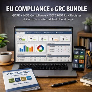 May include: A laptop and smartphone displaying data visualizations, with the text "EU COMPLIANCE & GRC BUNDLE." A guide titled "START HERE GUIDE" lies in front of the laptop. A pen, coffee cup, and office supplies are also visible.