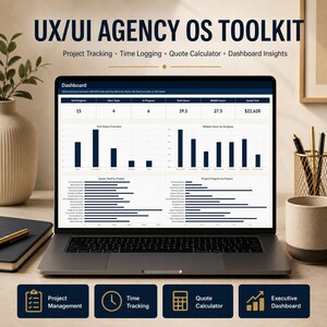 Puede incluir: Una pantalla de portátil que muestra un panel de control UX/UI Agency OS Toolkit con funciones de seguimiento de proyectos, registro de tiempo y calculadora de presupuestos. La interfaz incluye gráficos y datos. El texto dice UX/UI AGENCY OS TOOLKIT.