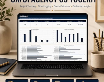 May include: A laptop screen displaying a UX/UI Agency OS Toolkit dashboard with project tracking, time logging, and quote calculator features. The interface shows data tables, bar charts, and project progress metrics. The text reads UX/UI AGENCY OS TOOLKIT.