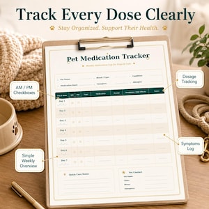 May include: A pet medication tracker on a clipboard with the text "Track Every Dose Clearly." The tracker includes sections for pet name, medication, dosage, and symptoms. Features include AM/PM checkboxes, a simple weekly overview, and a symptoms log.