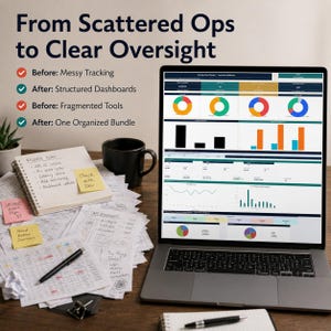 May include: A laptop displaying a dashboard with charts and graphs next to a notebook with a release plan, sticky notes, and scattered papers. The text reads: From Scattered Ops to Clear Oversight, Before: Messy Tracking, After: Structured Dashboards.