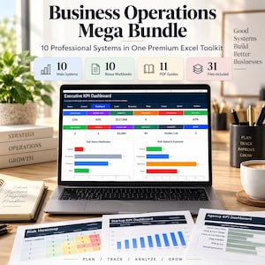 May include: A digital Business Operations Mega Bundle displayed on a laptop screen showing an Executive KPI Dashboard with charts and data. The bundle includes 10 main systems, 10 bonus workbooks, 11 PDF guides, and 31 files for professional business management.