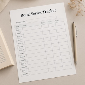 Könnte beinhalten: Ein weißes Blatt mit dem Titel "Book Series Tracker" mit einem Raster zum Verfolgen von Büchern, einem Stift und einem Buch. Der Tracker enthält Felder für Serientitel, Buchtitel, Start- und Enddaten sowie Seitenzahlen.
