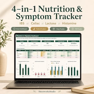 Könnte beinhalten: Ein Laptop zeigt ein 4-in-1 Ernährungs- und Symptom-Tracker-Dashboard. Der Bildschirm zeigt Diagramme und Datenzusammenfassungen für Reizdarmsyndrom, Zöliakie, Laktose und Histamin. Auf dem Tisch liegen ein Notizbuch und ein Stift.