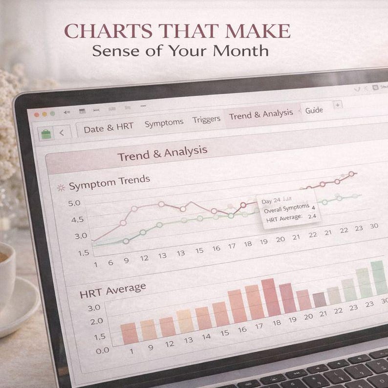 Menopause & Perimenopause Tracker Spreadsheet | HRT Symptom + Trigger Log | 30-Day Charts and Heatmap image 6