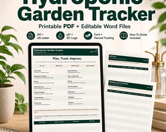 May include: A digital Hydroponic Garden Tracker displayed on a tablet screen alongside printed pages. The document includes sections for pH and EC logs, weekly care checklists, system health, and harvest tracking in A4 and US Letter formats.