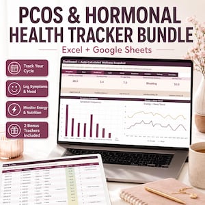 May include: A laptop and tablet display a PCOS and hormonal health tracker bundle. The screen shows charts and data analysis for cycle tracking, symptoms, mood, energy, and nutrition. The text on the screen reads "PCOS & HORMONAL HEALTH TRACKER BUNDLE Excel + Google Sheets."