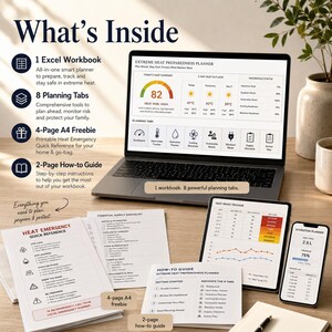 May include: A laptop, tablet, and smartphone display a heat preparedness planner. The laptop screen shows a dashboard with heat risk information. Accompanying materials include a workbook, planning tabs, and a quick reference guide.