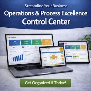 May include: A laptop, tablet, and smartphone display business data dashboards. The screens show charts, graphs, and numerical data. The text reads "Streamline Your Business" and "Operations & Process Excellence Control Center."