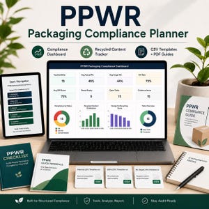 May include: A laptop and tablet display the "PPWR Packaging Compliance Planner" interface, with charts and data visualizations. Accompanying materials include a checklist, quick reference guide, and compliance guide. The scene is set with a potted plant and office supplies.