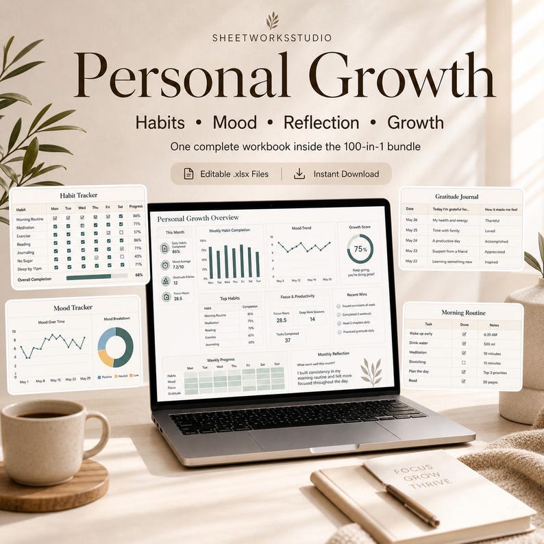 May include: A laptop displays a personal growth workbook with habit, mood, and reflection trackers. The screen shows charts and graphs for tracking progress. A coffee mug, notebook, and pen are on the desk.