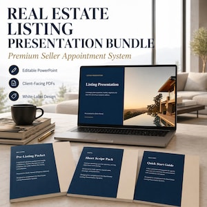 Könnte beinhalten: Ein Laptop mit einer Immobilienpräsentation steht auf einem Tisch mit einer Kaffeetasse, Büchern und einem Stift. Das Bild zeigt auch drei Broschüren: ein Pre-Listing-Paket, ein Short-Script-Paket und eine Schnellstartanleitung. Der Text lautet "Real Estate Listing Presentation Bundle."