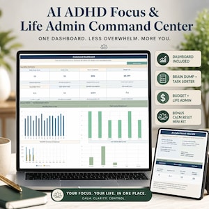 Könnte beinhalten: Ein digitales Dashboard mit dem Titel AI ADHD Focus & Life Admin Command Center auf einem Laptop- und Tablet-Bildschirm. Die Benutzeroberfläche zeigt zusammenfassende Tabellen, Balkendiagramme für Fokuswerte, Aufgabenstatus und Finanzen.