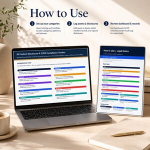 K&ouml;nnte beinhalten: Ein Laptop und ein Tablet zeigen einen KI-Inhaltsoffenlegungs- und C2PA-Compliance-Tracker. Die Bildschirme zeigen eine Arbeitsmappen&uuml;bersicht mit farbcodierten Reitern f&uuml;r Einstellungen, Assets, Manifeste, Dashboards und Audit-Protokolle sowie Anleitungen.
