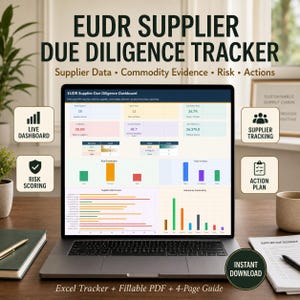 EUDR-Due-Diligence-Tracker – Excel-Vorlage | Lieferantenverzeichnis, Risikobewertung, Maßnahmenplan & Dashboard