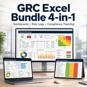May include: A digital display shows a GRC Excel Bundle 4-in-1 with dashboards, risk logs, and compliance tracking. A laptop, monitor, and tablet display data visualizations. The text "GRC Excel Bundle 4-in-1" is at the top of the image.