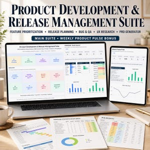 Könnte beinhalten: Ein Laptop und ein Tablet, die eine Benutzeroberfläche für eine Produktentwicklungs- und Release-Management-Suite anzeigen. Die Bildschirme zeigen Datenvisualisierungen, Diagramme und Grafiken. Gedruckte Dokumente mit Diagrammen und Tabellen sind ebenfalls sichtbar.