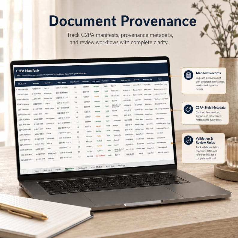 K&ouml;nnte beinhalten: Ein Laptop-Bildschirm zeigt eine C2PA Manifests-Tabelle mit Spalten f&uuml;r Manifest ID, Asset ID, Generator, Claim Created, Claim Version, Signature, C2PA Status, Validation, Signer, Reviewed Date, Reviewer, Reference URL und Notes.