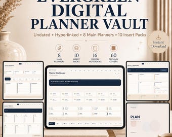Undated Digital Planner Bundle | 8 Hyperlinked Planners, 10 Insert Packs, 16 Notebooks & 60 Covers | Portrait Landscape Light Dark