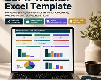 GDPR Tracker Excel Template | RoPA, DSAR, Data Breach, Consent, Processor Register & Compliance Dashboard + Bonus